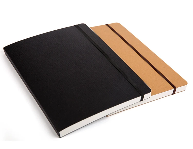 Durable Stitching Lay Flat A5 Black Card Kraft Paper Notebook With Elastic Band