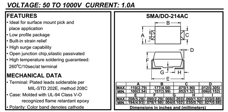 1A 1000V Diode de redressement 1N4007 Arduino DO-214 PI. DIY CMS SMD 
