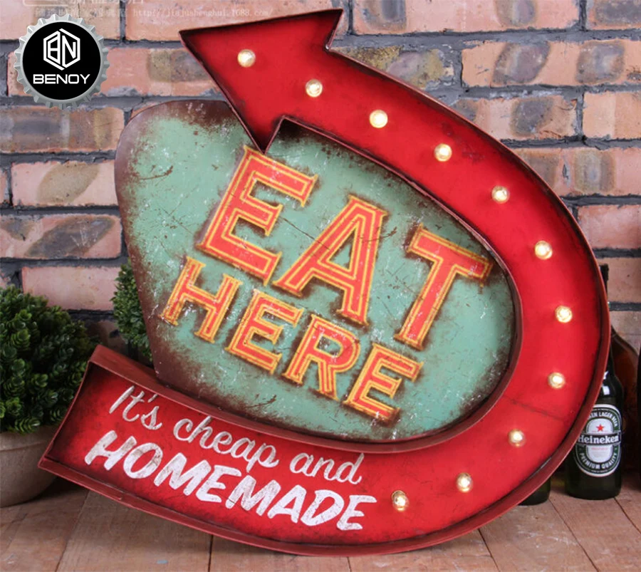 Eat Here Vintage Metal Tin Hanging Bar Signs With Led Light For Wall Decoration Buy Led Bar