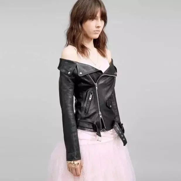

women's off shoulder leather jacket