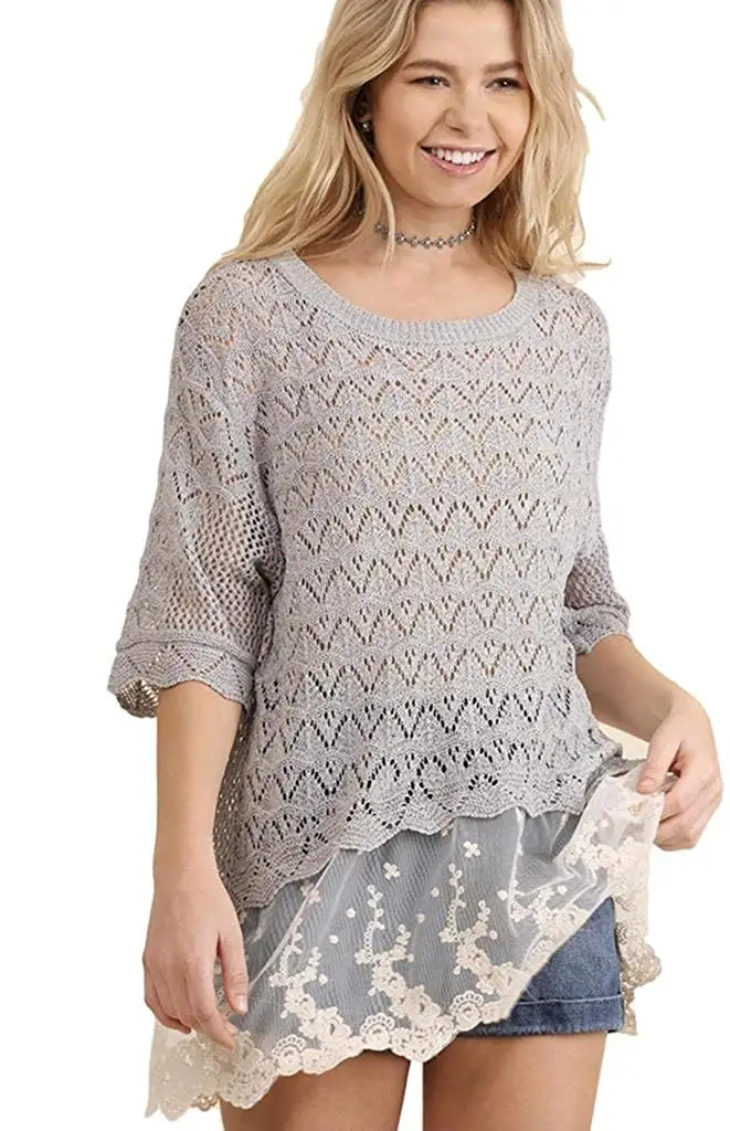 Umgee USA Womens Soft Light Knit Long Sleeve Top Slitted Sharkbite Hemline and Side Waist Tie Sweater Shirt Top