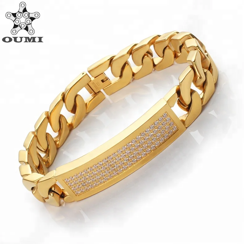 

OUMI New Mens Two Line Big Thick Bracelet Gold Plated Stainless Steel CNC Zircon Stone 18k Yellow Italian Charm Bracelet CN;GUA, Gold/silver