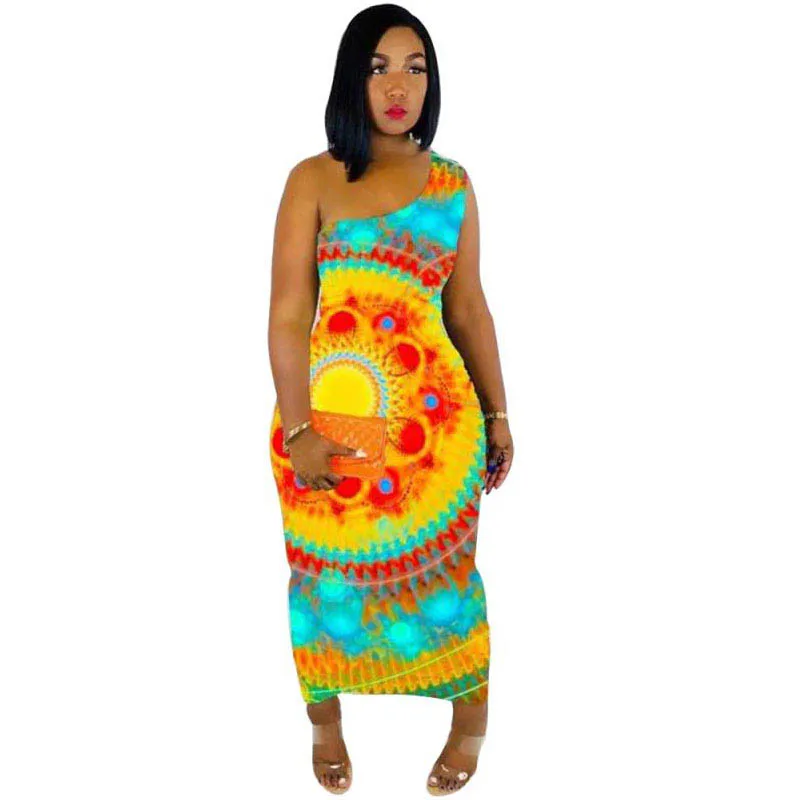 

Casual Slanted Shoulder Print Sleeveless Dress Summer Dress