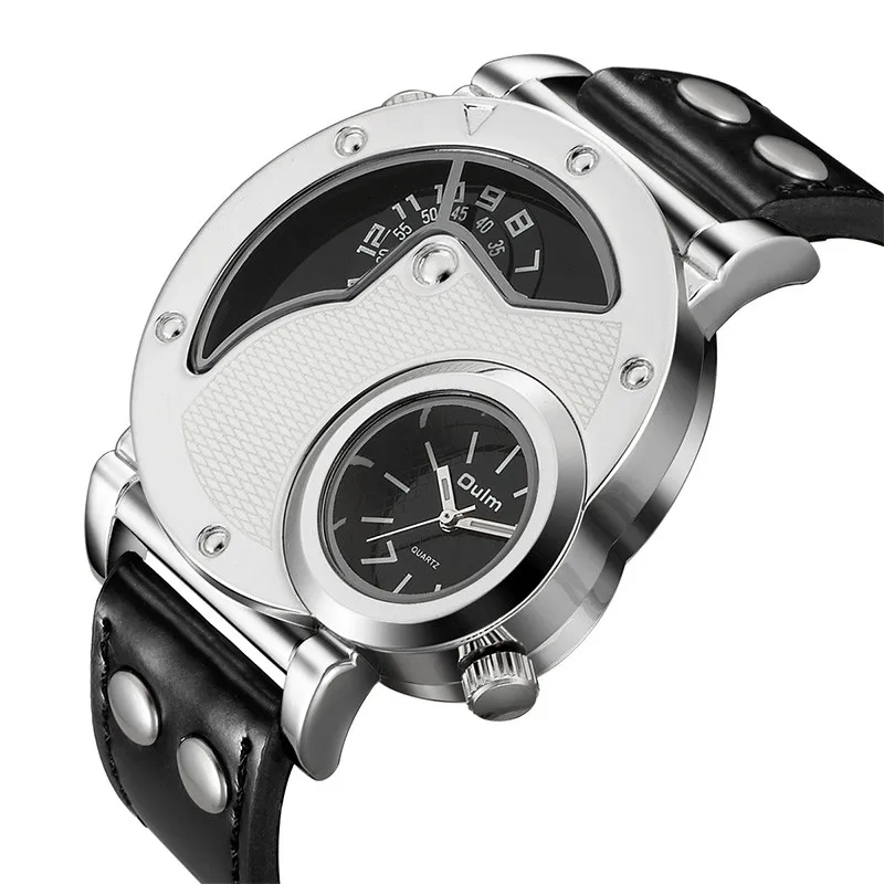 

Oulm Watches Unique Design 2 Time Zone Leather Male Quartz Wristwatch Silver Case Military Brand 9591 Men Watches reloj hombre