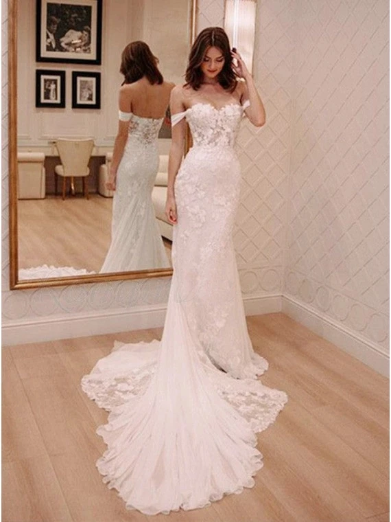 Lace Vestido de Novia Wedding Dress Off-Shoulder Mermaid Bridal Gown with Sleeve