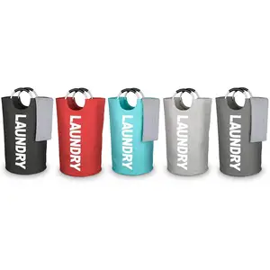 Fabric Collapsible Tall Laundry Hamper  Washing Clothing Basket with Rings Tote Folding Cloth Laundry Bag
