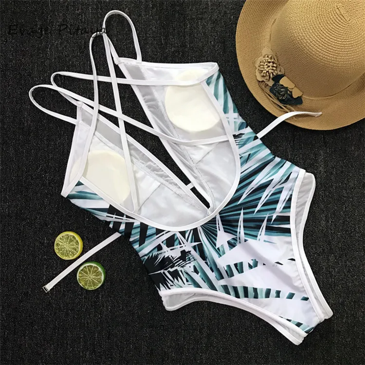 

Ability to customize Factory price Swimsuit women Bandage Cut out Coconut tree printing High quality Sexy swimsuit, As picture show
