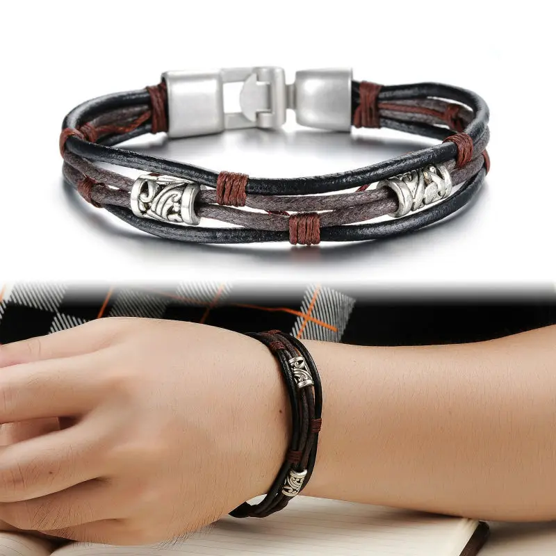 Free Shipping Fashion Men Male Punk Jewelry Rope Chain Genuine Leather Bracelets Charm Bangle High Quality