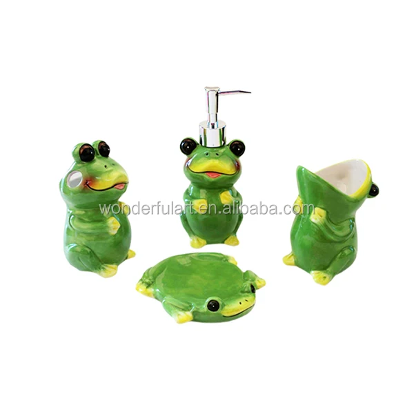green color lovely cartoon frog shape ceramic bathroom accessory collection 4 pieces for homeware and hotel sanitary sets