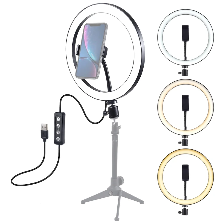 Latest PULUZ 10 inch USB 3 Modes Dimmable LED Ring Vlogging Selfie Photography Video Lights with Tripod Ball Head & Phone Clamp
