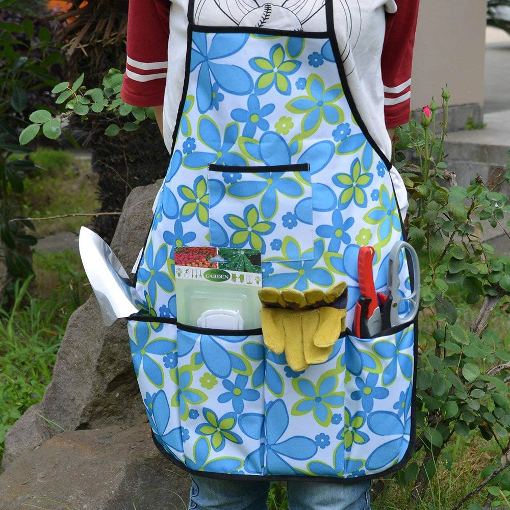 Vertak Women Garden Waterproof Waist Apron With Pockets And Blue Flower
