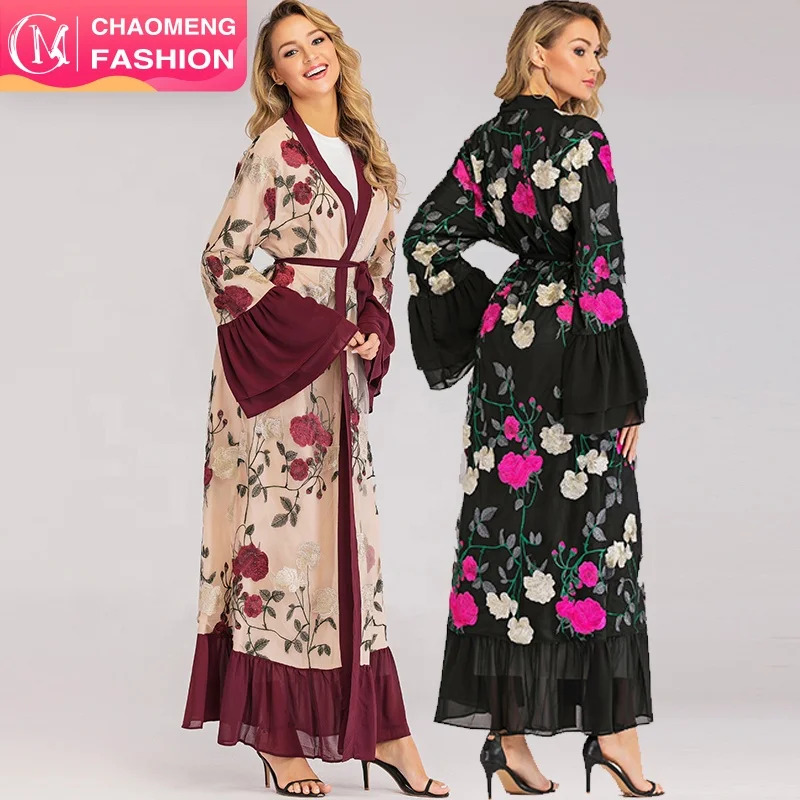 

1708# New stylish women islamic clothing abaya muslim dress flower full embroidery kimono abaya kaftan dress 2019, Black&maroon&black&green