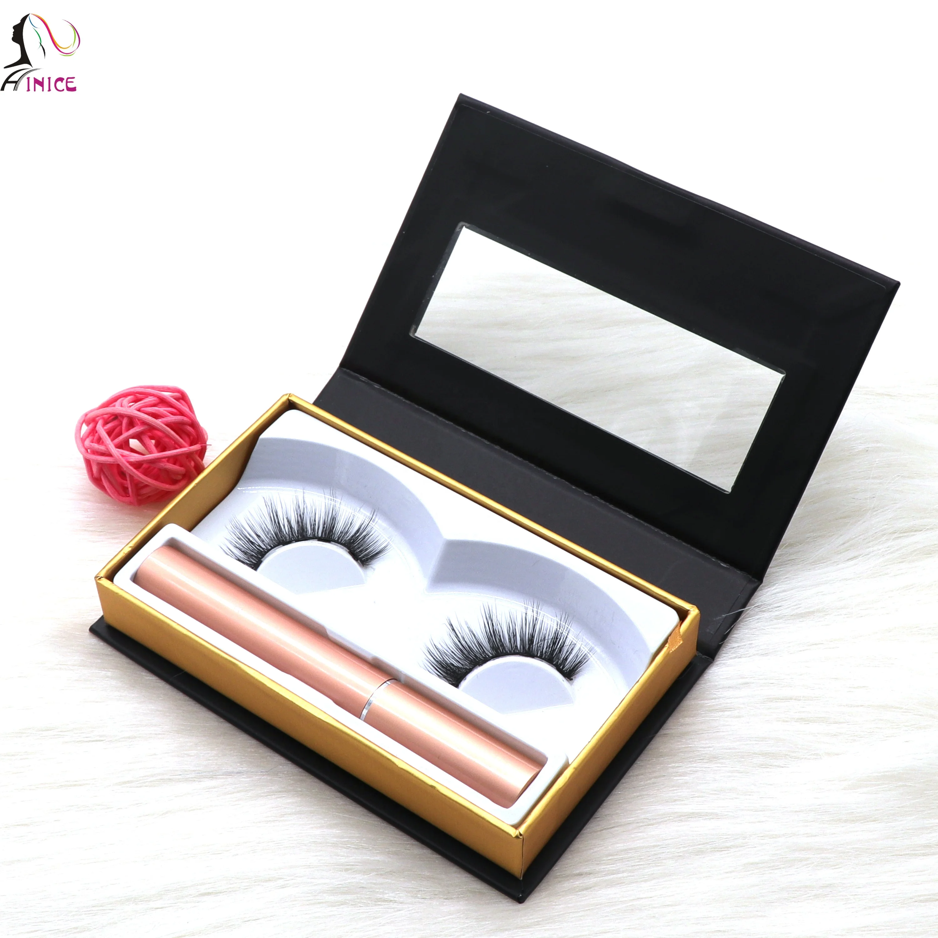

Inice New fashion liquid pencil eyeliner magnetic 3D mink lashes with custom package box, Black