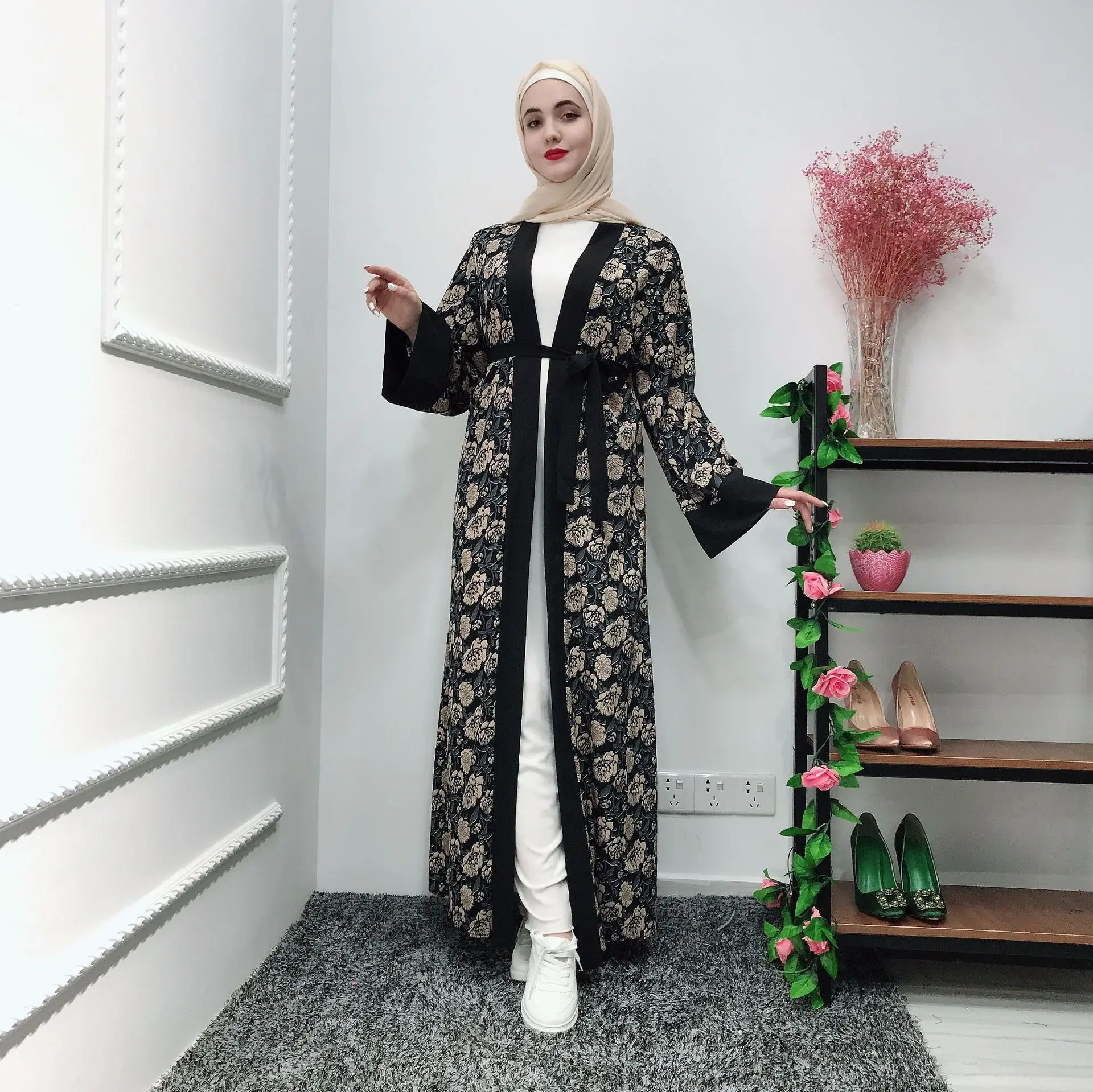 

Muslim fashion printed elegant open robe abaya