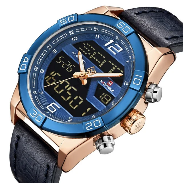 

Naviforce 9128 Military Watches Men Wrist Digital Luxury Dual Time Analog Led Clock Waterproof Leather Sports Quartz Wristwatch, 5-color