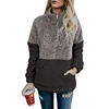Knitted Women Casual Gray Taupe 1/4 Zip Turtle Neck Oversize Fluffy Fleece Quilted Pullover