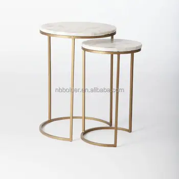 Set Of 2 Round Nesting Side Coffee Tables With Marble On Top For