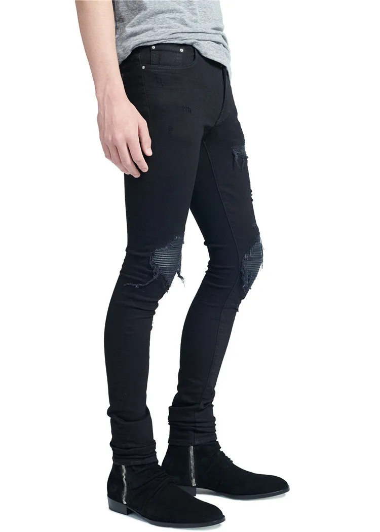 Black Classic Ribbed Damaged Rips Men Stretch Skinny Denim Jeans - Buy ...