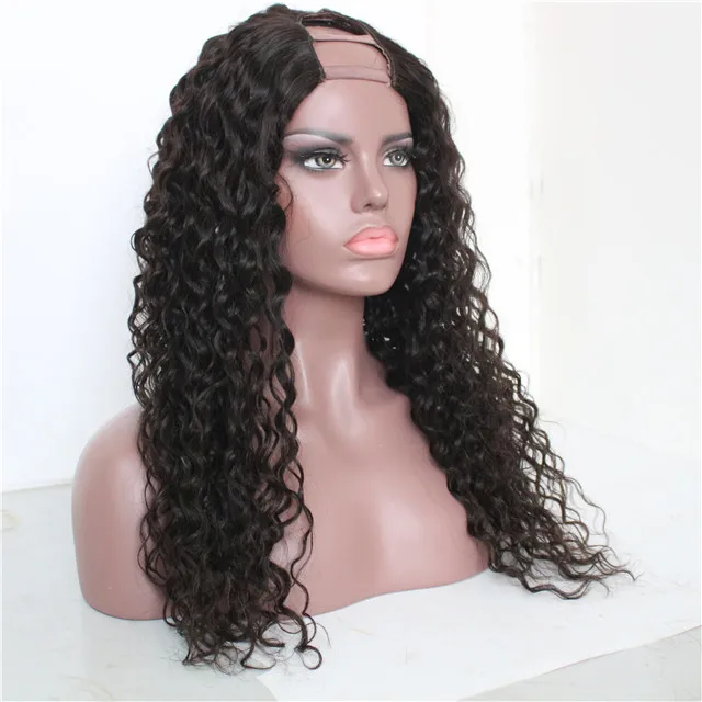 

High Density Virgin Hair Natural Color U Part Wigs Long Curly Wigs Human Hair, 1b