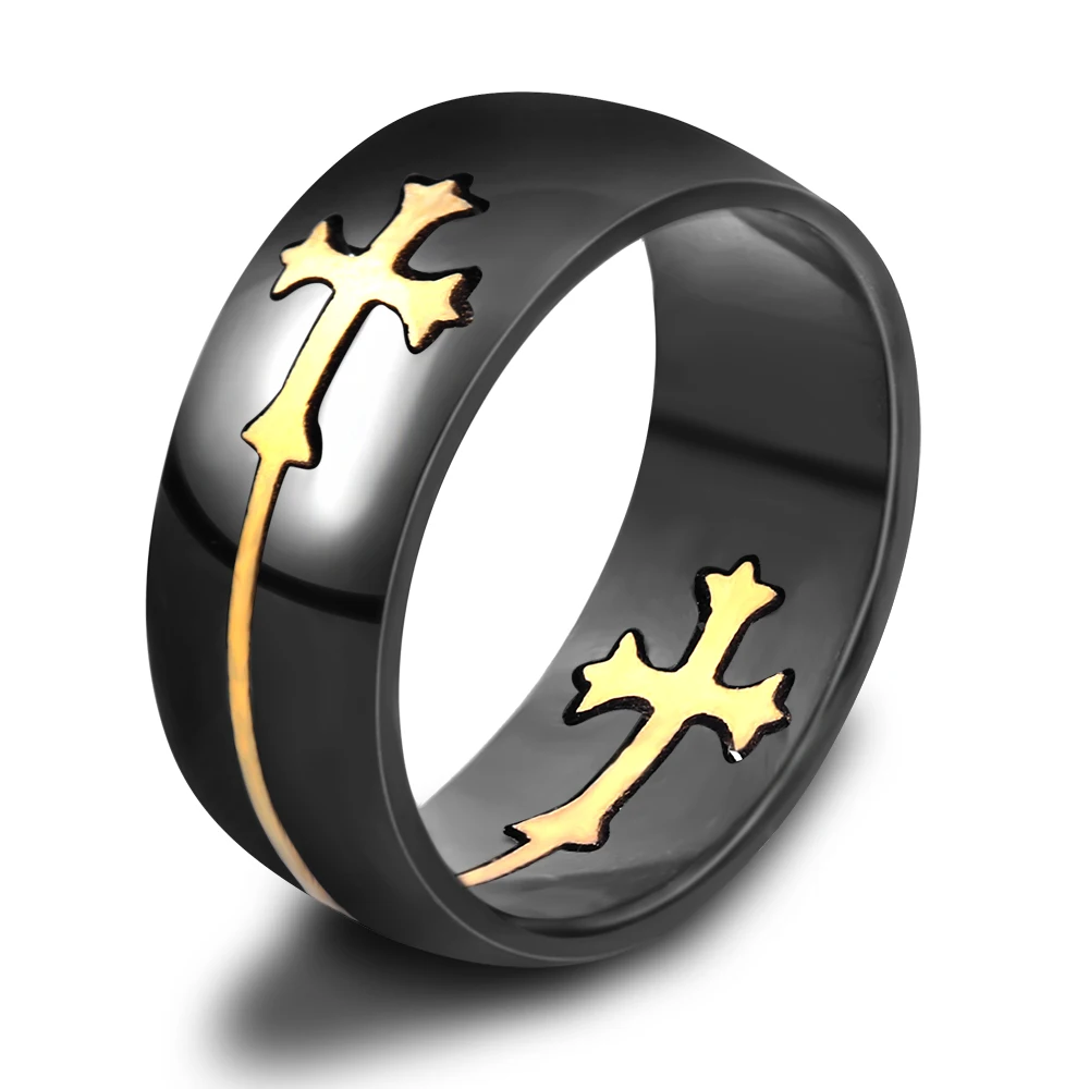 

Zhongzhe Jewely Stock Wholesale Stainless Steel Ring Mens Gothic Cross Ring, 8mm, Christian Jewelry, OEM/ODM Accept, Black gold