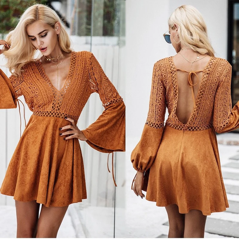 

New Design Women Long Sleeve Hollow Out Dress in Causal Dresses Mini Sexi, Rust