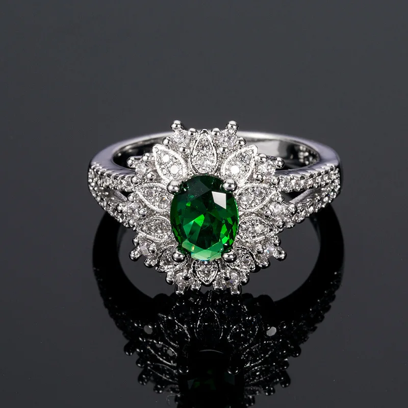 

hainon custom new Flower Shape Silver Zircon Filled Emerald Cut Stone Ring Women Emerald Diamond Ring, Multicolor