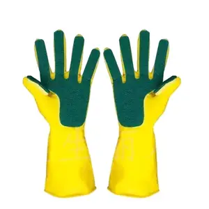 Image of Kitchen Scrubb Rubber Gloves with Scouring Cloth Sponge On The Inner Fingers All-in-one for Clean The Kitchen Tool Protect Hand