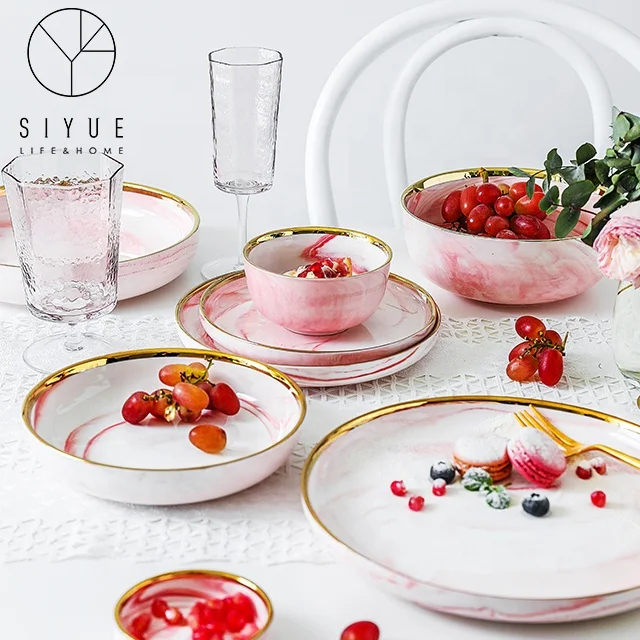 

Creative irregular wedding home use pink marble cutlery sets with golden rim