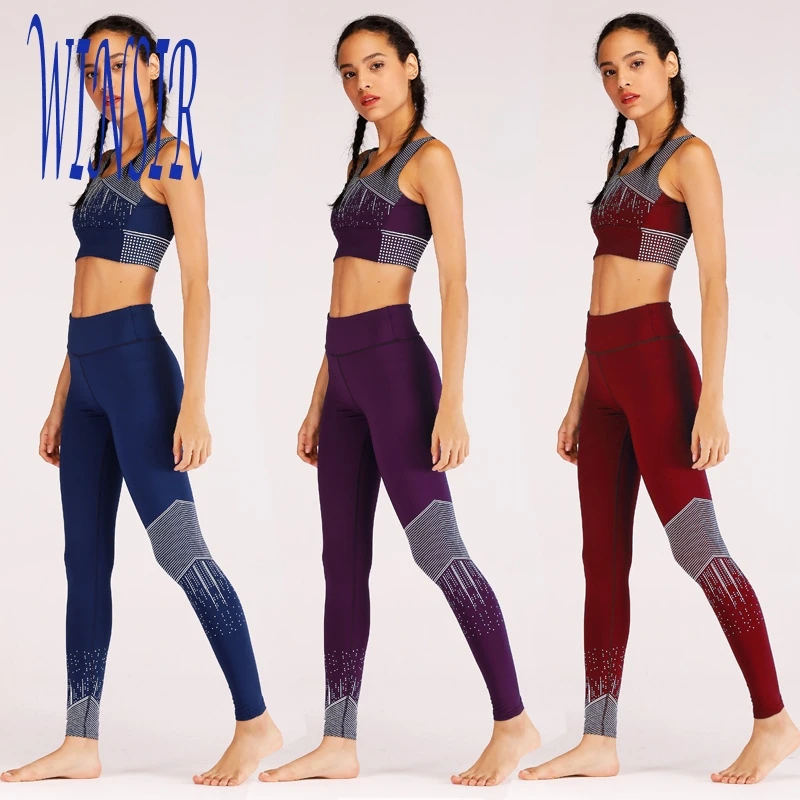 

Offset printing fitness women high waist workout pants gym tights yoga leggings sports bra sleeveless crop top and pants set, Red, black with one leg of two bands