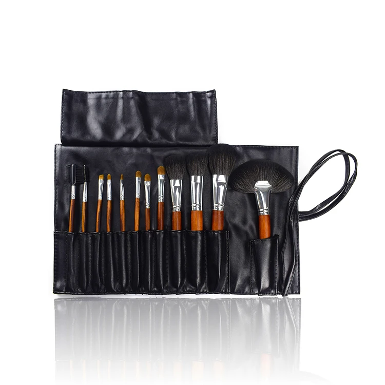 

High Quality 12 PCS Private Label Natural Hair Face Foundation Eyeshadow Eyebrow Cosmetic Makeup Brush Set With Leather Bag