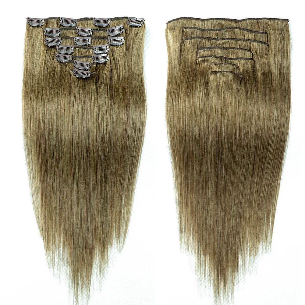 

Ash Brown #8 double drawn virgin remy human hair extension seamless clip in hair