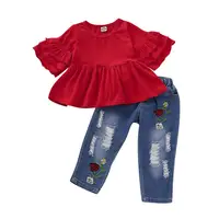 

Toddler Girl Outfit Solid Red Ruffle Sleeves T-shirt and Embroidered Distressed Jeans 2pcs Kids Girl Clothing Set Girls Clothes