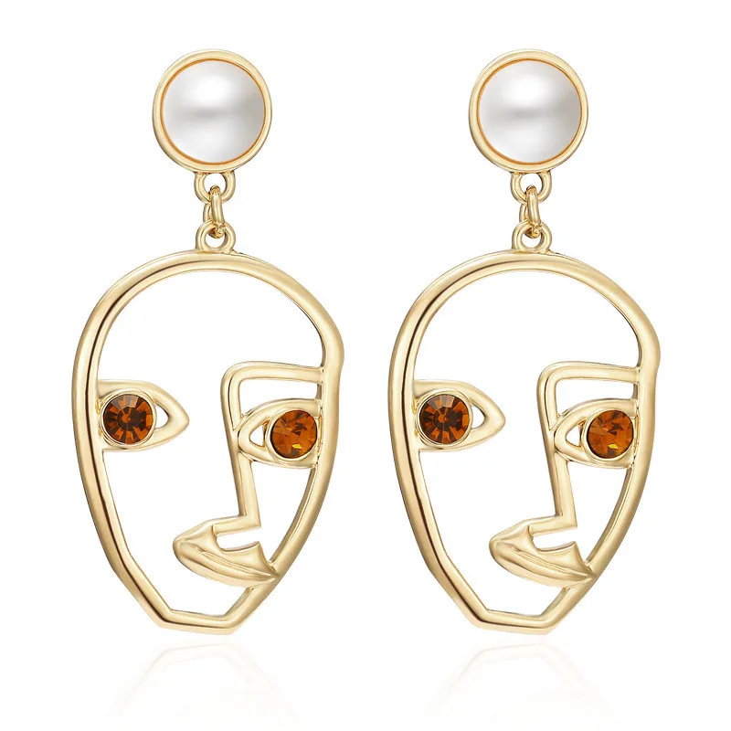 

Hollow Jewelry Diamond Lady Face Earrings Gold Tone Art Abstract Cut Out Face Dangle Drop Earrings, Gold,silver