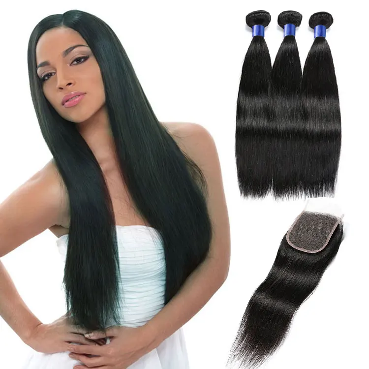 

China Factory Supply Unprocessed 100% Cheap Hot Sale Wholesale Human Hair Extension with Closure, #1b or as your choice