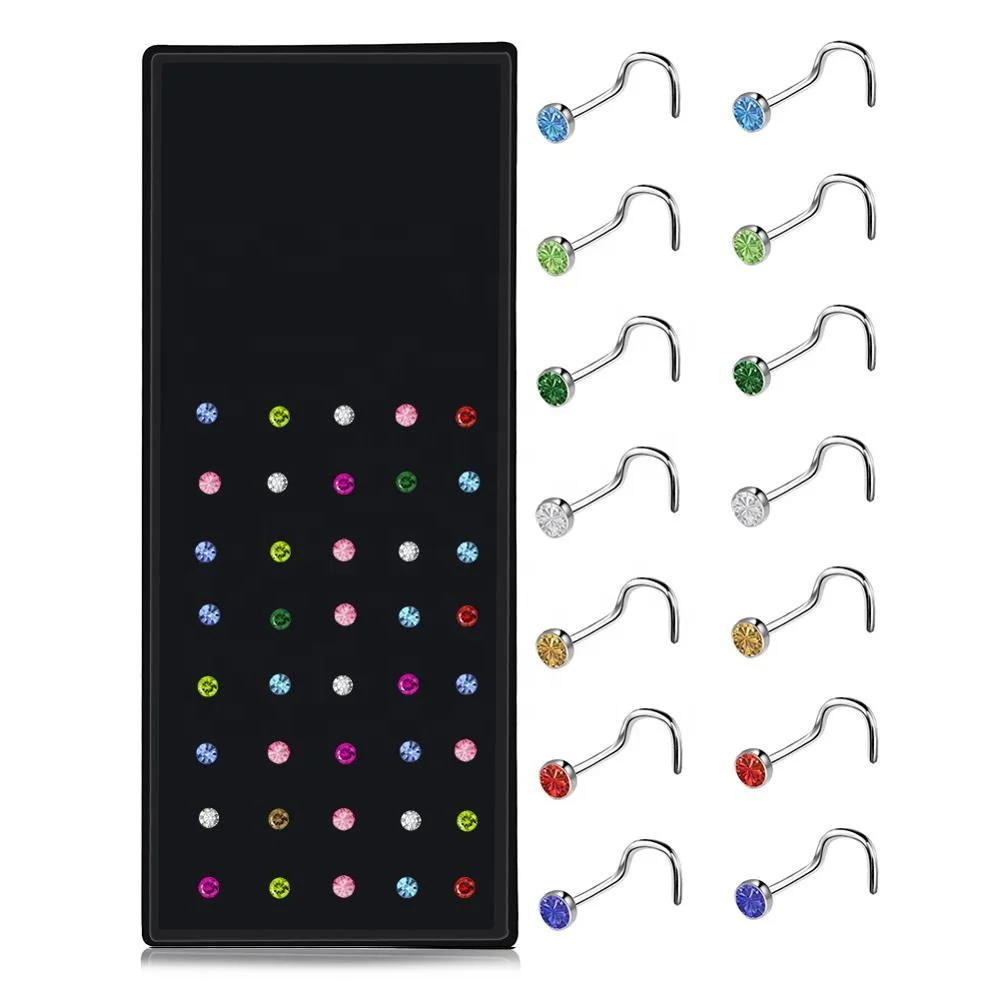 

Manufacturing Body Piercing Jewelry CZ's Studde Main Stone 40pcs Case Designer Nose Rings Studs, As pic