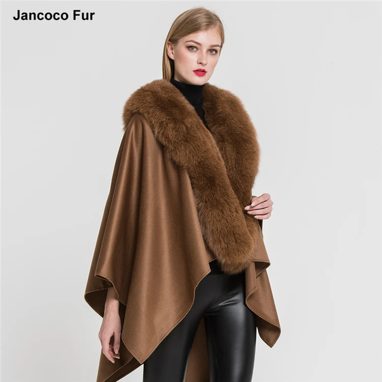 
Factory Direct Wholesale Cashmere Poncho with Fox Fur Trim Women Winter Fur Cape Gilet 