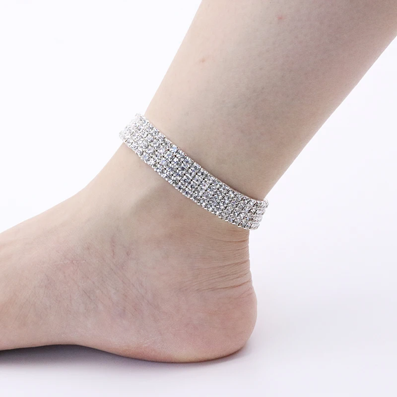 

Super Shiny Multi Row Crystal Rhinestone Stretch Ankle Bracelets Elastic Flash Drill Diamond Anklets For Women Wedding, As picture show