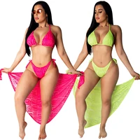 

Wholesale 3 Pieces Set Printing Sunscreen Swimwear Bathing Suit Women Beachwear Bikini With Cover Up Swimsuits