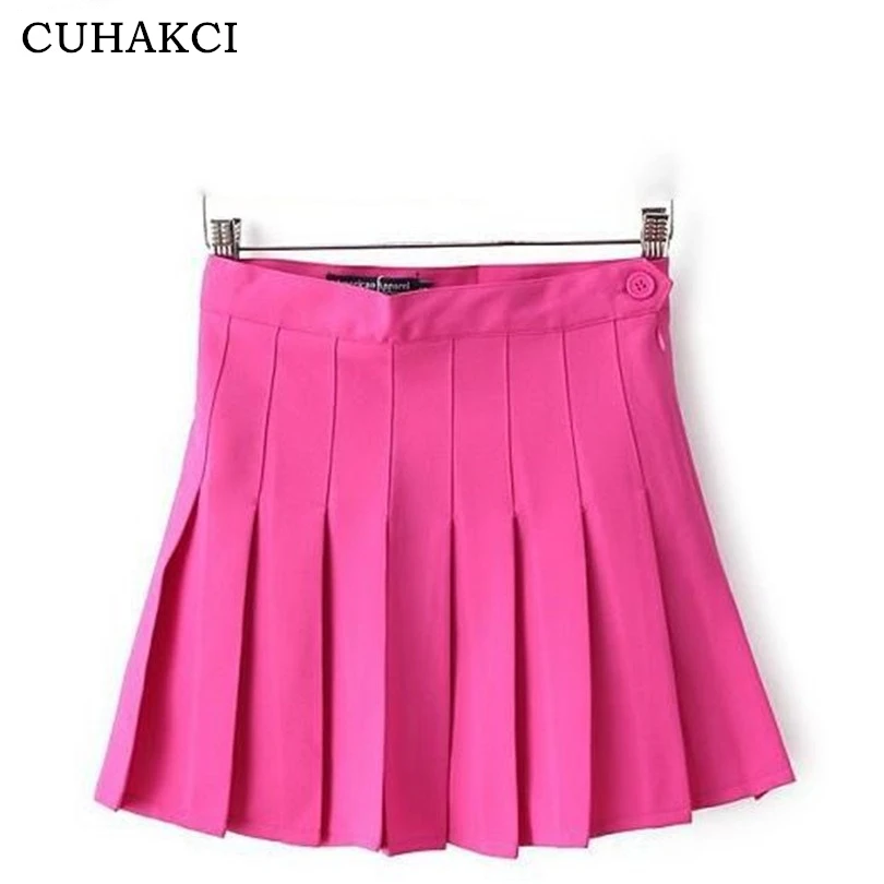 

Women Fashion Summer High Waist Pleated Skirt Candy Colors Female Mini A-Line Stitching Button Bottom Girls Dance Skirts, White, black, sky blue, navy blue, gouache, rose red, gray