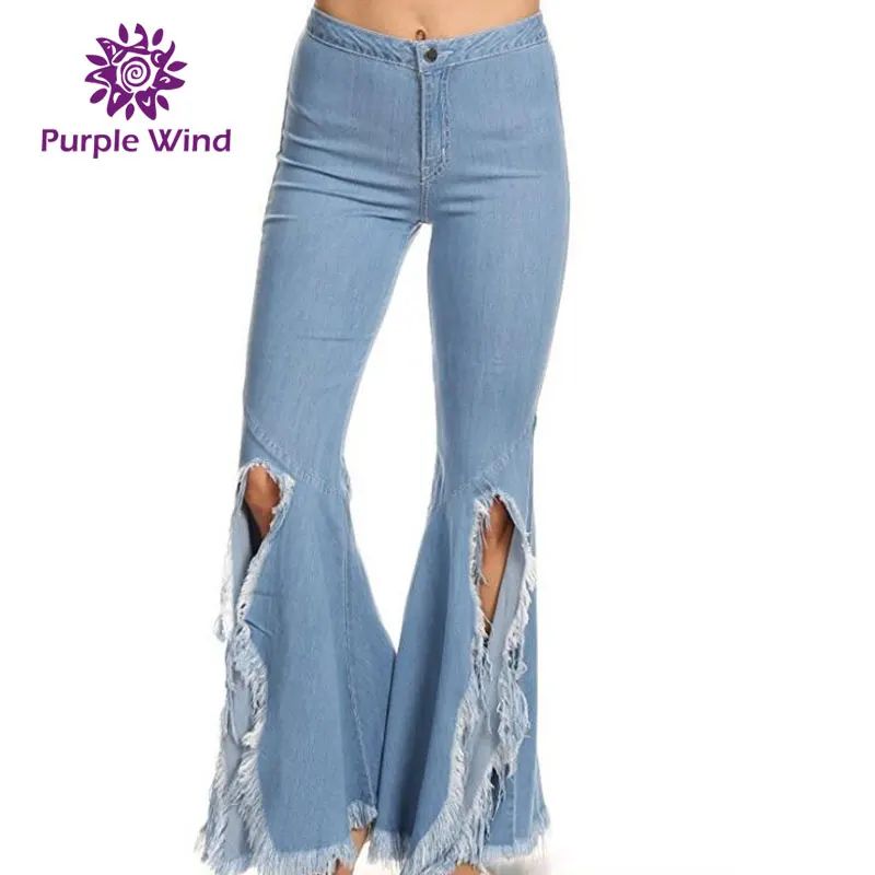 

Funky rock style damaged denim bell bottoms jeans for womens, Blue