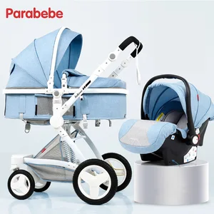 Image of PU Leather Baby Stroller Higher Land-scape BELECOO 3 in 1 Portable Folding Stroller 2 in 1 Luxury Carriage BLUE