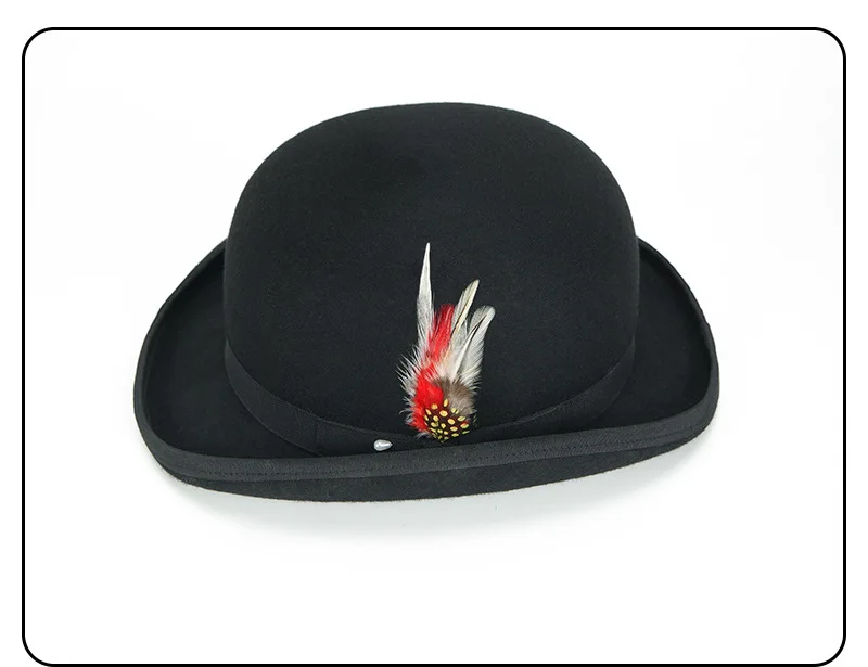 
High Quality America Music Festival Black Hard Wool Felt Bowler Hat with Feather 