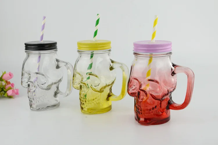 450ml Skull shaped color printing glass mason jar handle cup drinking glass bottle with Lids and Straw