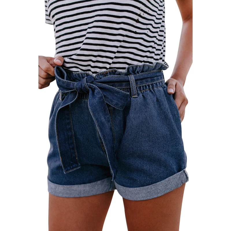 

Wholesale Women Medium Blue Paper Bag Waist Jeans Denim Shorts, Customized