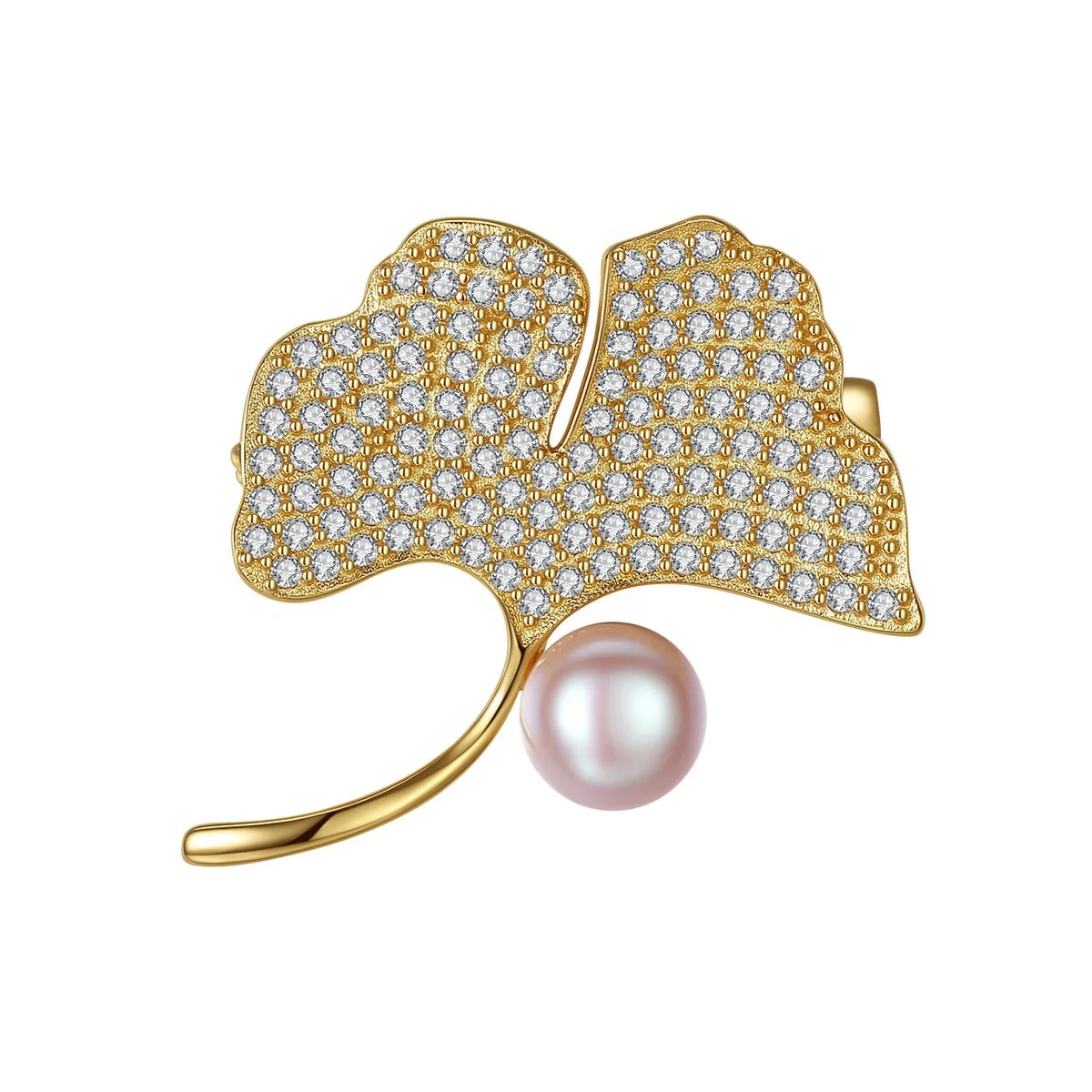 

CZCITY Design Cz Elegant 925 Sterling Freshwater Pearl Silver Flower Leaf Pin Woman Brooch Luxury