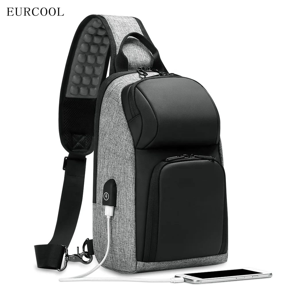 

2021 Eurcool Trendy Anti Theft USB Charging Sling Waterproof Men Chest Leather Messenger Bag