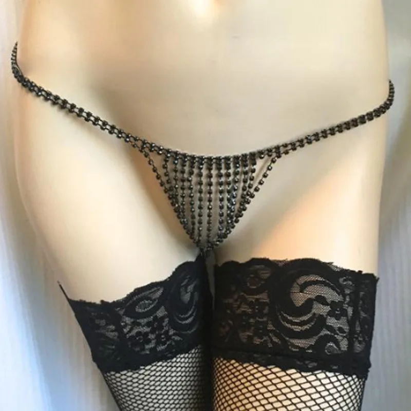 

Sexy Austrian Crystal Burlesque Lingerie Thong Jewelry Black Rhinestone Panties Belly Chain for Dance