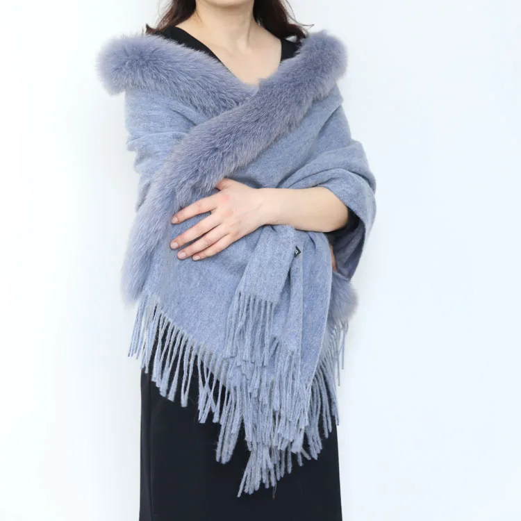 
Ladies woven wool blended Long Big Stole With Fox Fur Trim  (60807628993)