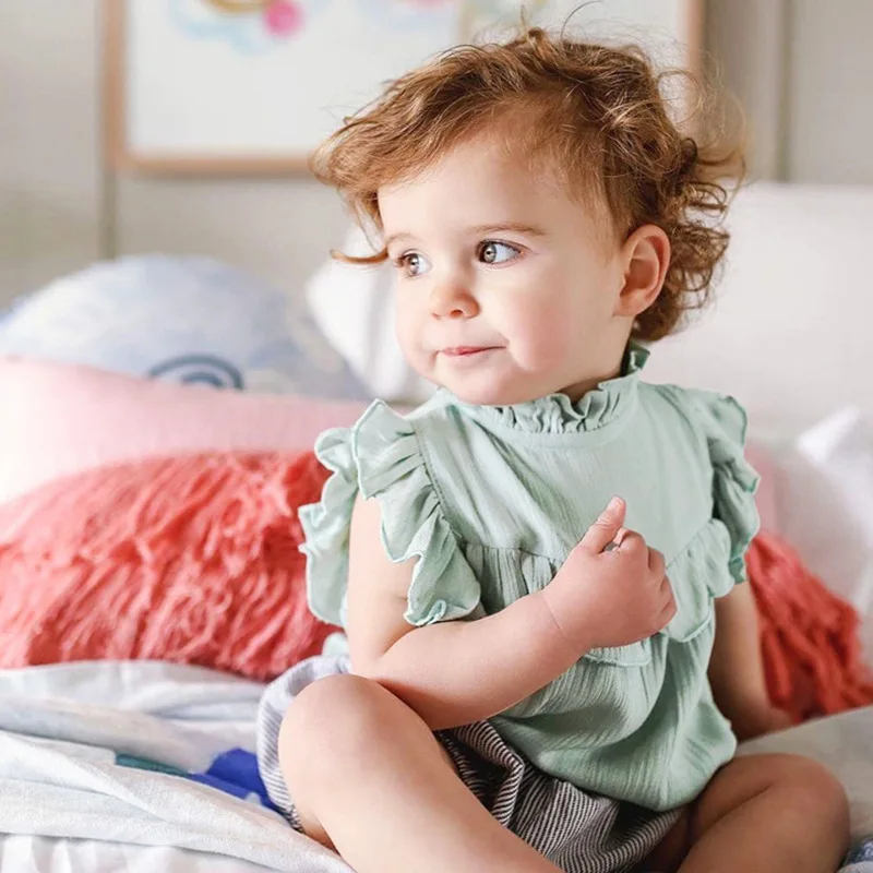 

OEM/ODM toddler outfit clothes summer baby girl linen ruffled baby ribbed romper, Customized color