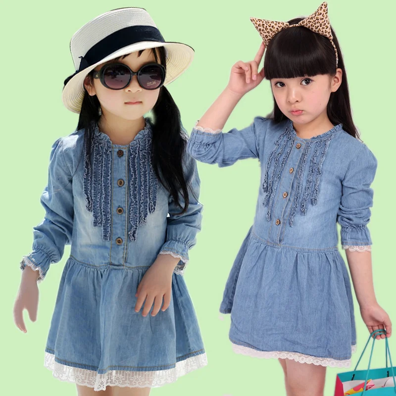 

Long Sleeve Embroidered Denim Fabric Maxi Casual Dress For Girl, As pictures or as your needs